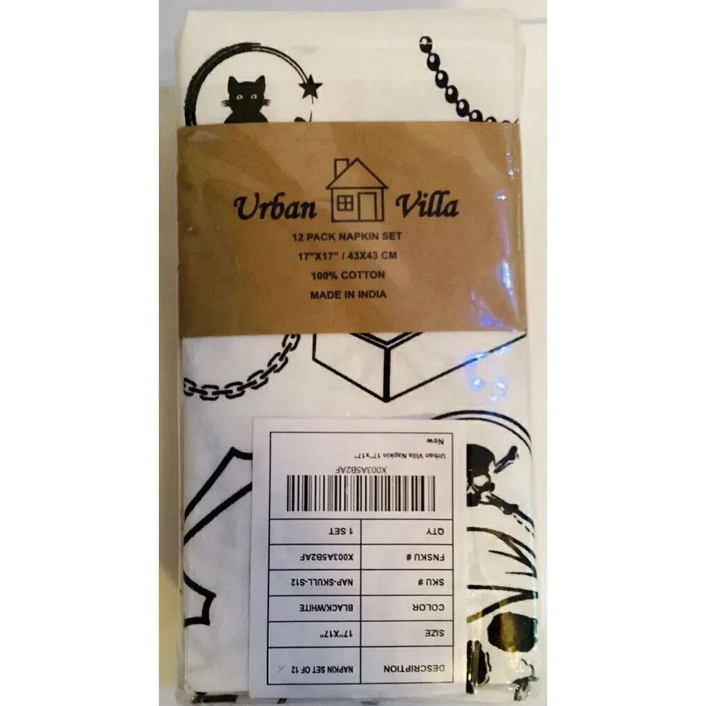 Urban Villa 12 Pack Black White Skull Napkins 17” x 17”